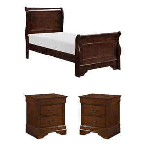Pemberly Row 3Pc Set of Twin Sleigh Bed and 2 Nightstands in Brown Cherry