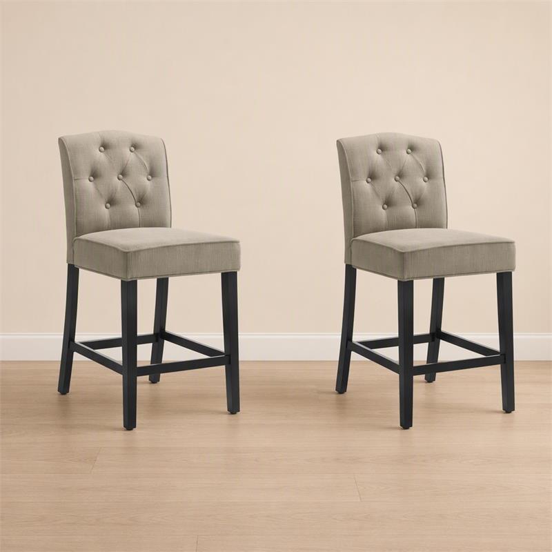 Pemberly Row Set of 2 Beige Fabric Counter Height Chairs with Black Finish Legs