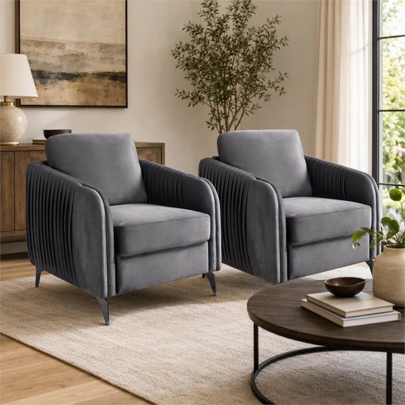 Pemberly Row Set of 2 Gray Velvet Accent Chairs with Chrome Metal Trim