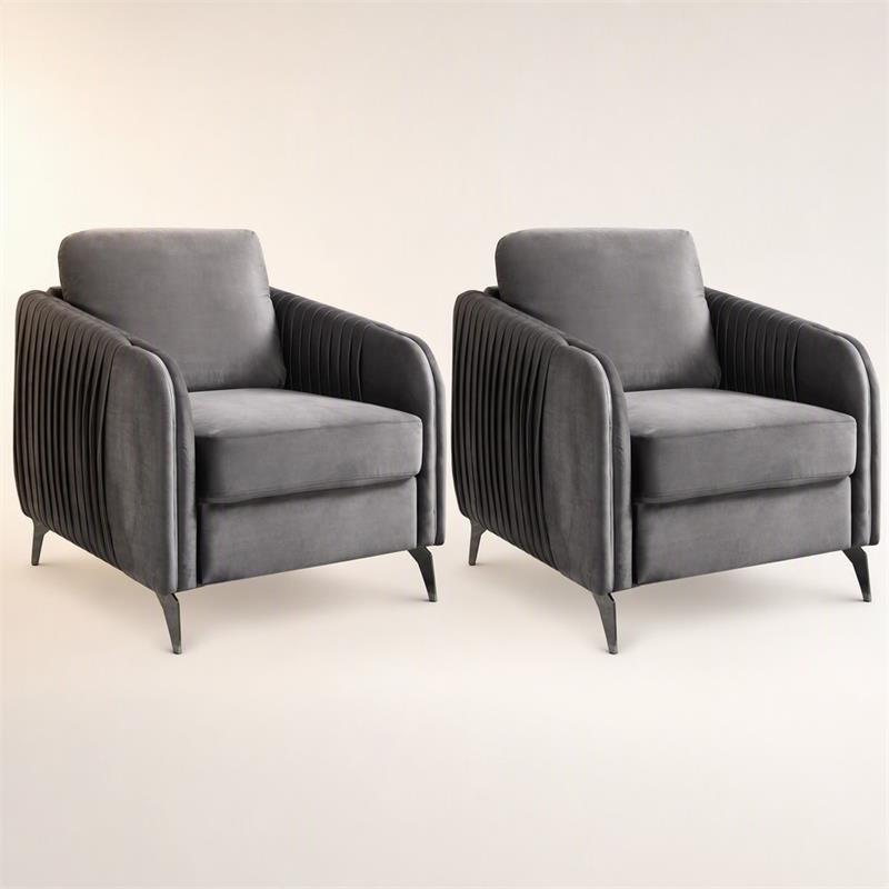 Pemberly Row Set of 2 Gray Velvet Accent Chairs with Chrome Metal Trim