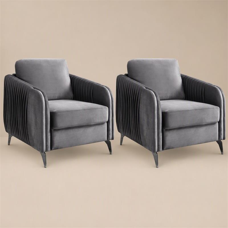 Pemberly Row Set of 2 Gray Velvet Accent Chairs with Chrome Metal Trim