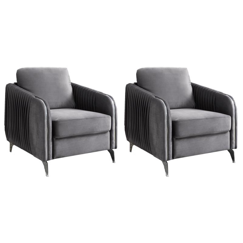 Pemberly Row Set of 2 Gray Velvet Accent Chairs with Chrome Metal Trim