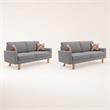 Pemberly Row Set of 2 Gray Linen Fabric Sofas with Square Arms and Throw Pillows