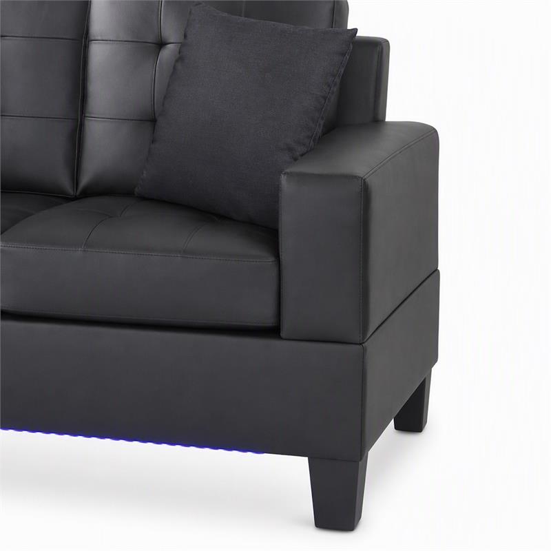 Pemberly Row Set of 2 Black PVC Fabric Loveseats with LED Lights