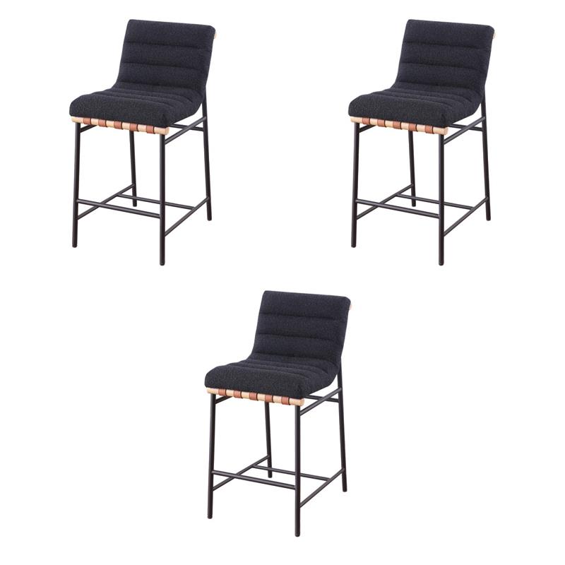 Pemberly Row Set of 3 Counter Height Chairs in Black Boucle Fabric