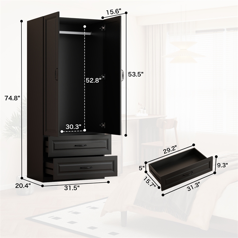 Pemberly Row Armoire Wardrobe Closet with 2 Doors and 2 Drawers Black