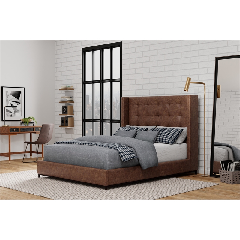 Pemberly Row Mundo Faux Leather Queen Platform Bed in Brown