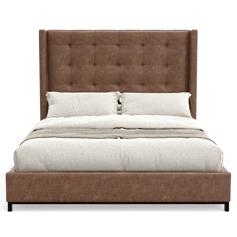 Pemberly Row Mundo Faux Leather Queen Platform Bed in Brown