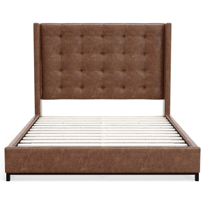 Pemberly Row Mundo Faux Leather Queen Platform Bed in Brown