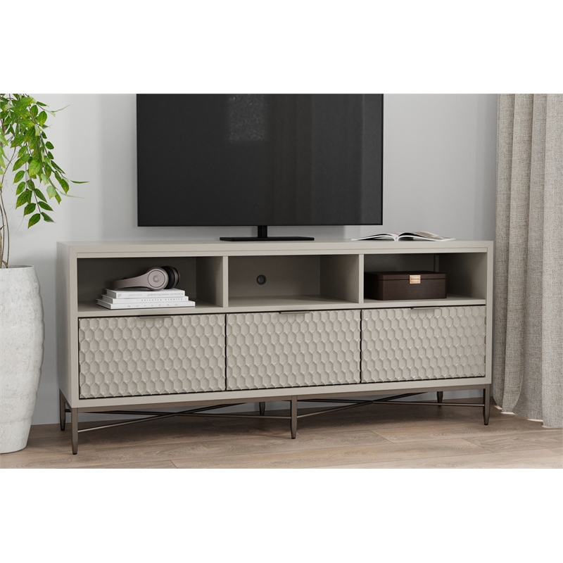 Pemberly Row 3 Drawer Mahogany TV Console in Taupe with Pewter Accents