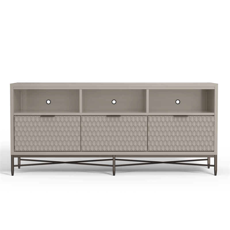 Pemberly Row 3 Drawer Mahogany TV Console in Taupe with Pewter Accents