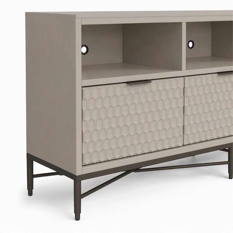 Pemberly Row 3 Drawer Mahogany TV Console in Taupe with Pewter Accents