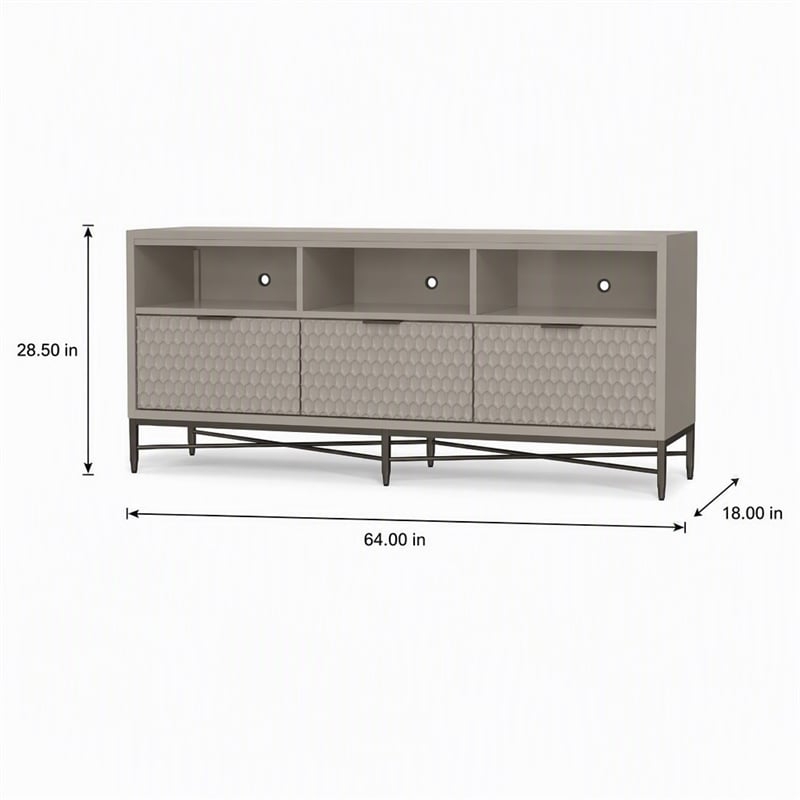 Pemberly Row 3 Drawer Mahogany TV Console in Taupe with Pewter Accents