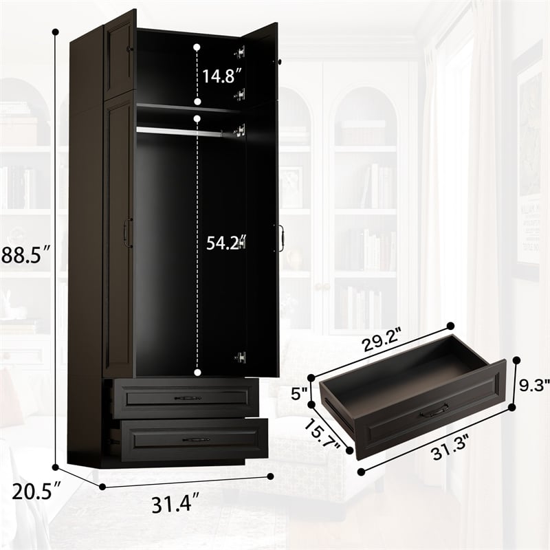 Pemberly Row Armoire Closet with 4 Doors & 2 Drawers in Black
