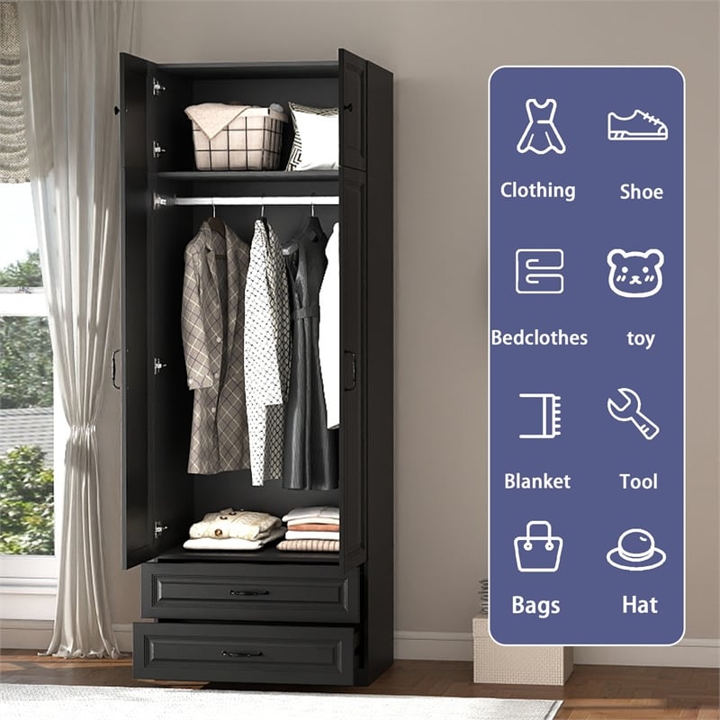 Pemberly Row Armoire Closet with 4 Doors & 2 Drawers in Black
