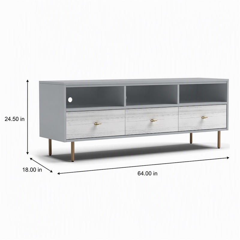 Pemberly Row Saige Wood TV Console with 3 Drawers in Weathered White Gray
