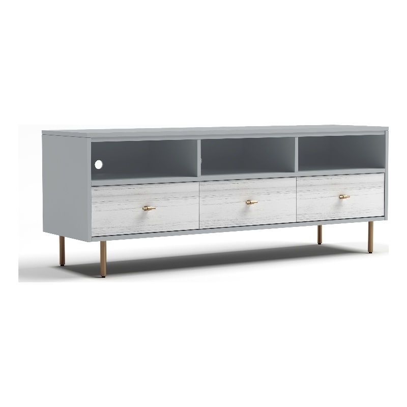Pemberly Row Saige Wood TV Console with 3 Drawers in Weathered White Gray
