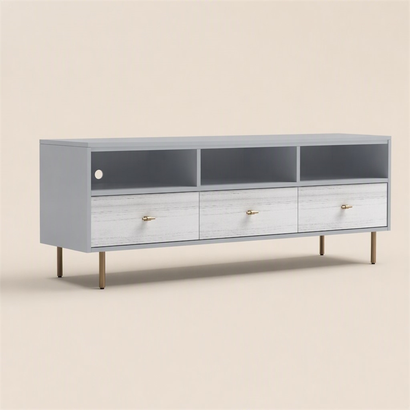 Pemberly Row Saige Wood TV Console with 3 Drawers in Weathered White Gray