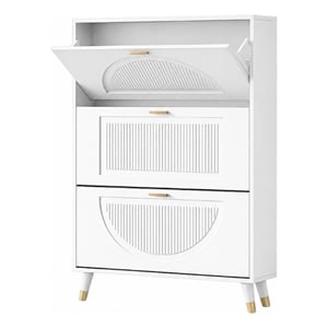 Pemberly Row Modern Fluted Shoe Cabinet with Flip Drawers in White