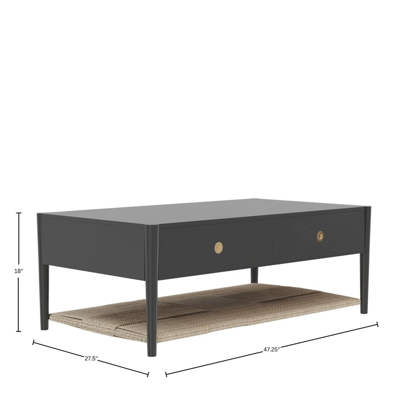 Pemberly Row Coffee Table with Woven Shelf in Charcoal Gray Rubberwood
