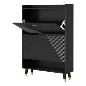 Pemberly Row Modern Flip Down Shoe Cabinet with 2 Drawers in Black