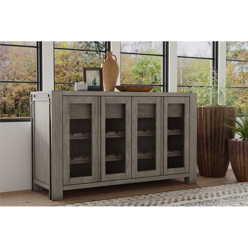 Pemberly Row Solid Pine Sideboard with Wine Storage in Gray and Black