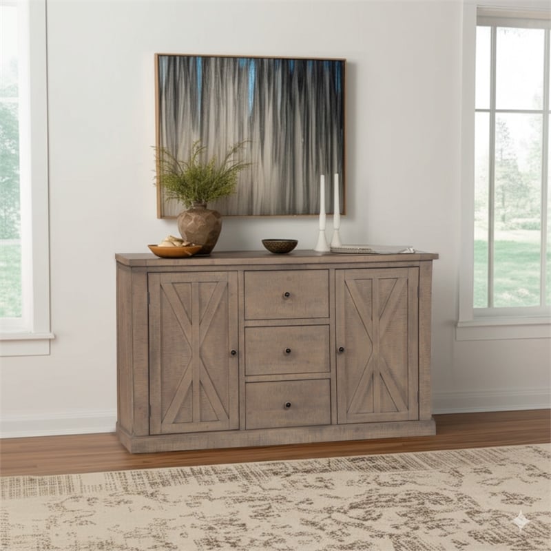 Pemberly Row Pine Wood Sideboard with 3 Drawers in Natural Brown