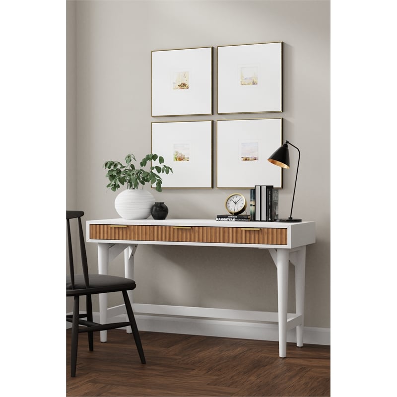 Pemberly Row Mahogany Wood 3 Drawer Large Desk in Warm White