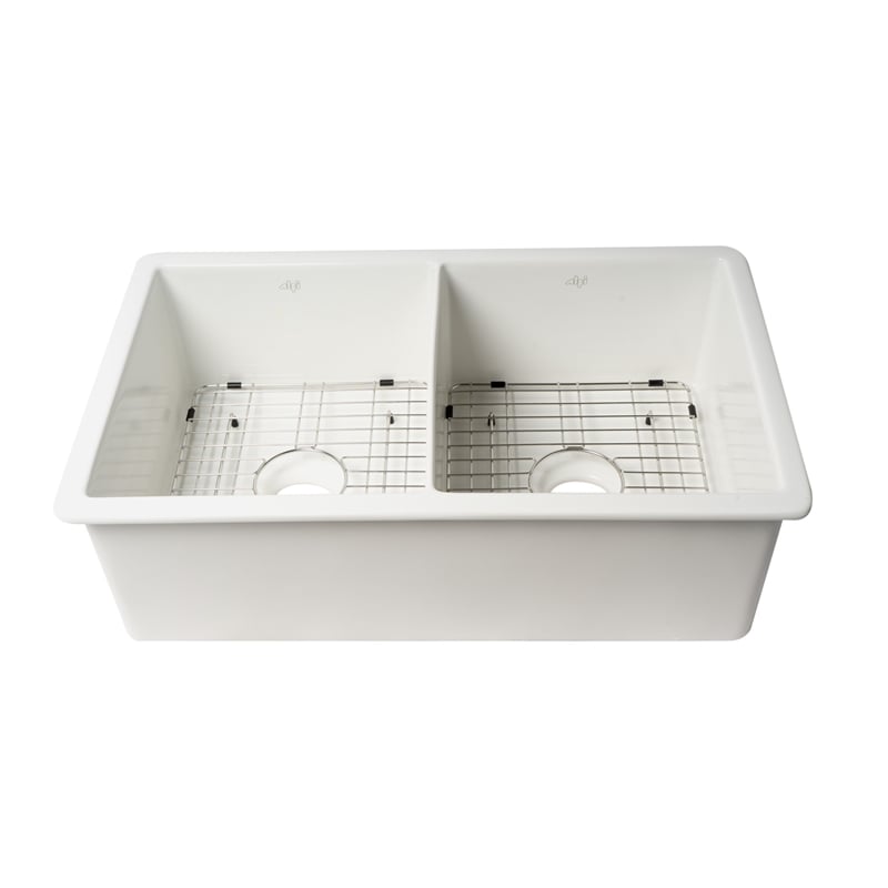 Pemberly Row 32 in x 19 in White Double Bowl Fireclay Kitchen Sink