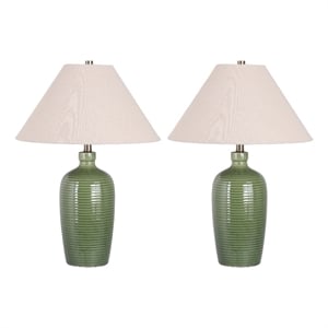Pemberly Row Ceramic Metal Table Lamp Set in Green & Linen - Set of 2