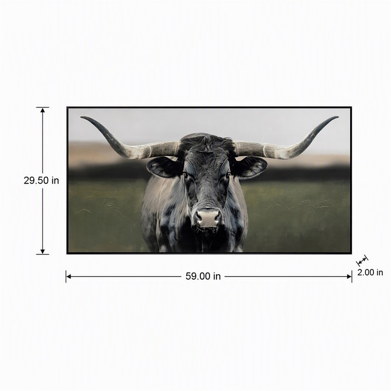 Pemberly Row Majestic Longhorn Multi-Color Canvas Wall Art - Black Wood Frame