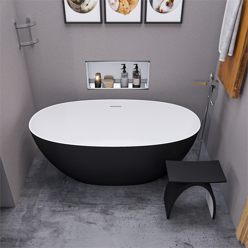 Pemberly Row 59-Inch Black & White Matte Resin Oval Soaking Bathtub