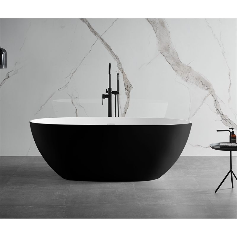 Pemberly Row 59-Inch Black & White Matte Resin Oval Soaking Bathtub