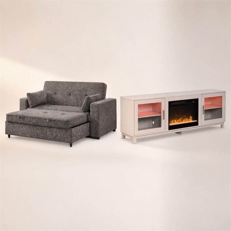 Pemberly Row Set of 2 - TV Stand Fireplace and Chenille Sofa Sleeper