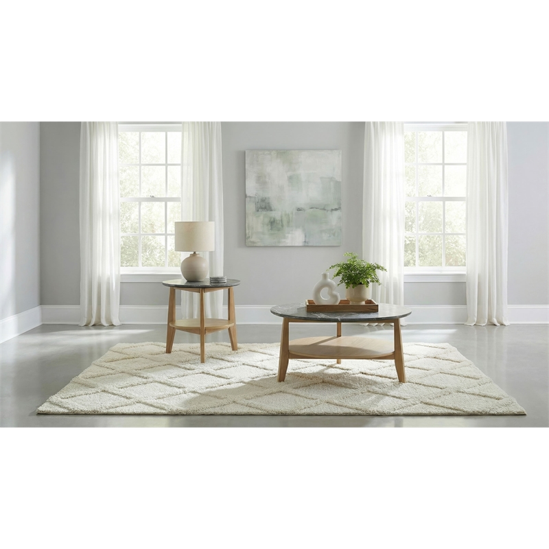Pemberly Row 2-Piece Round Wood Coffee Table Set in Gray/Natural