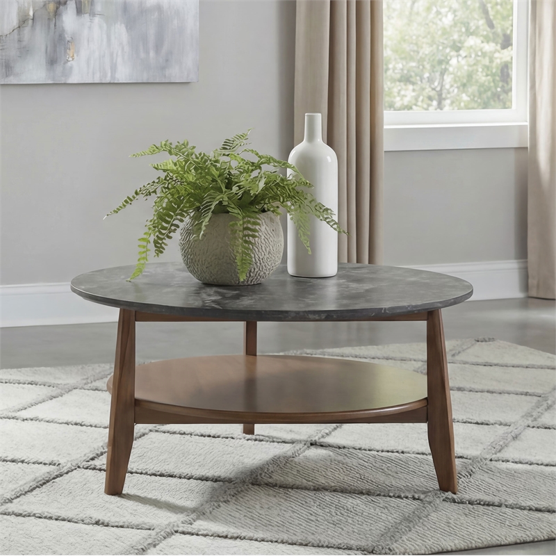 Pemberly Row Round SmartTop Wood Coffee Table in Smokey Gray/Dark Brown