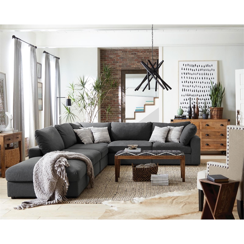 Pemberly Row Square Upholstered Ottoman in Charcoal Linen-Blend Fabric