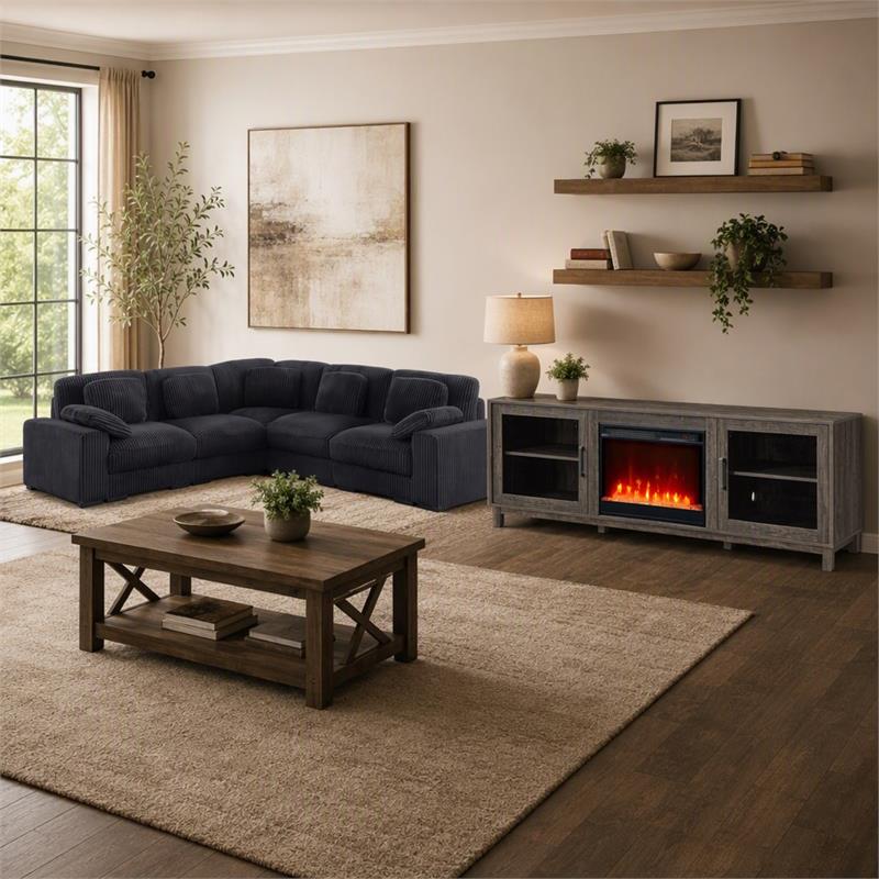 Pemberly Row 2-Piece Set of L-Shape Sectional Sofa & TV Stand with Fireplace