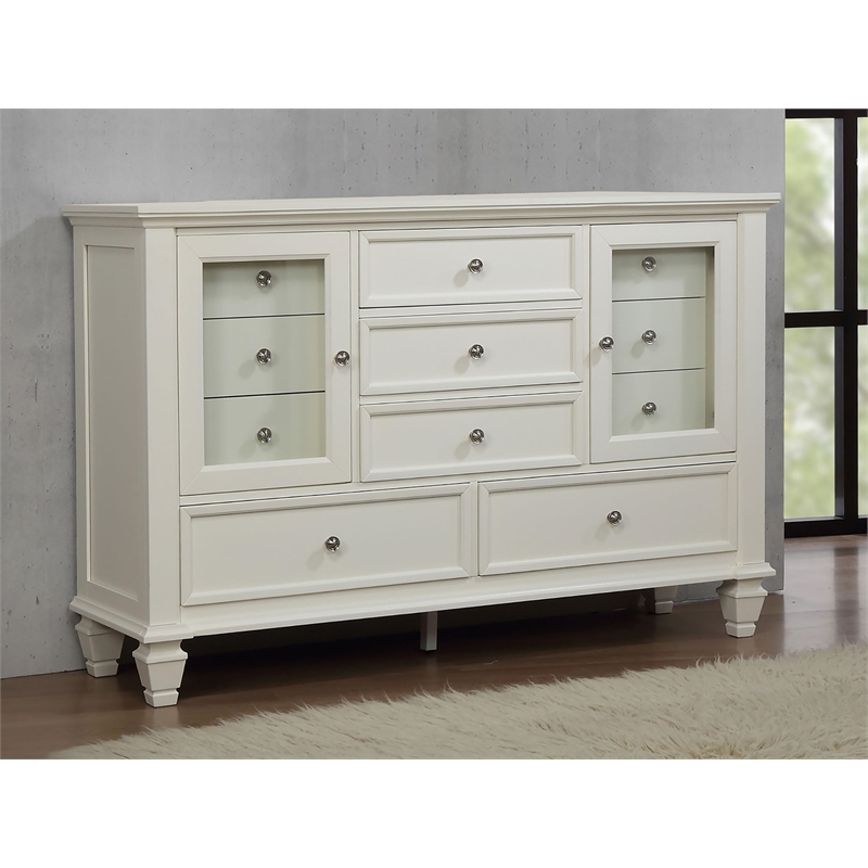 Pemberly Row 11-drawer Dresser with 2 Glass Doors in Cream White