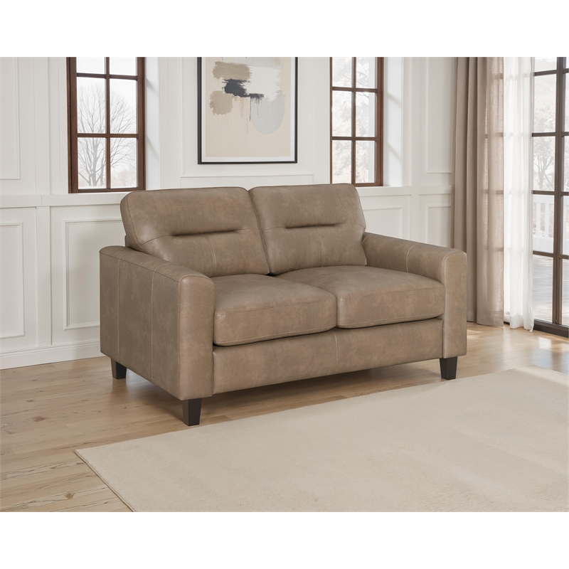 Pemberly Row Faux Leather Upholstered Track Arm Loveseat in Brown
