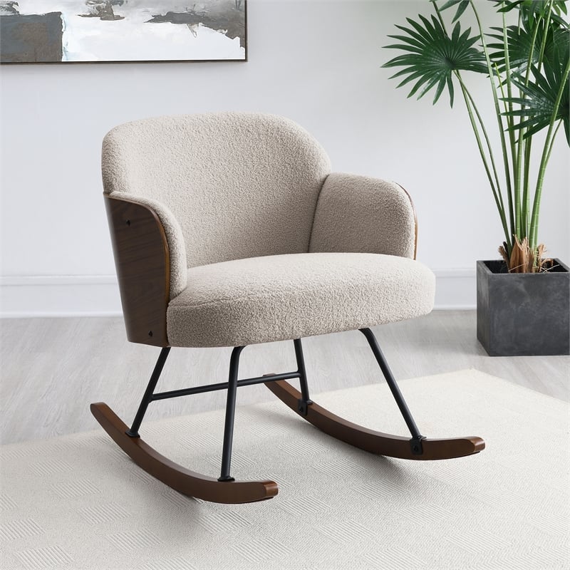 Pemberly Row Boucle Upholstered Mid Back Rocking Chair in Beige