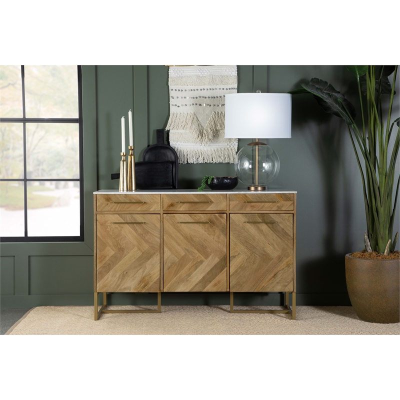 Pemberly Row 3-door Contemporary Wood Accent Cabinet in Natural/Gold