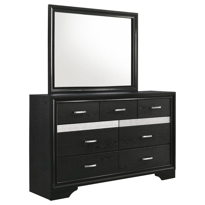 Pemberly Row 7-Drawer Dresser with Mirror and Crystal Pulls in Black