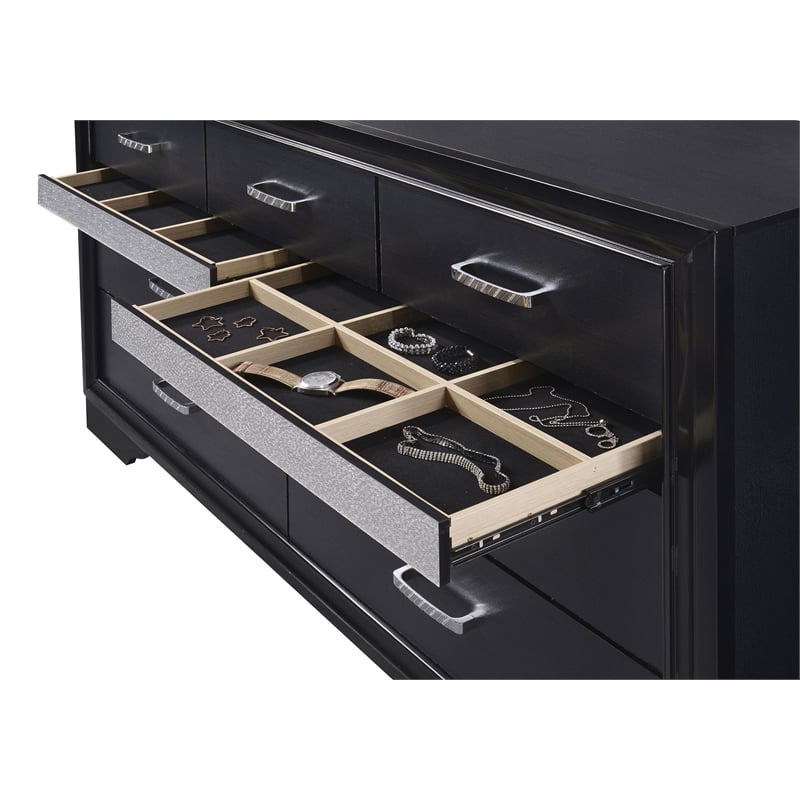 Pemberly Row 7-Drawer Dresser with Mirror and Crystal Pulls in Black