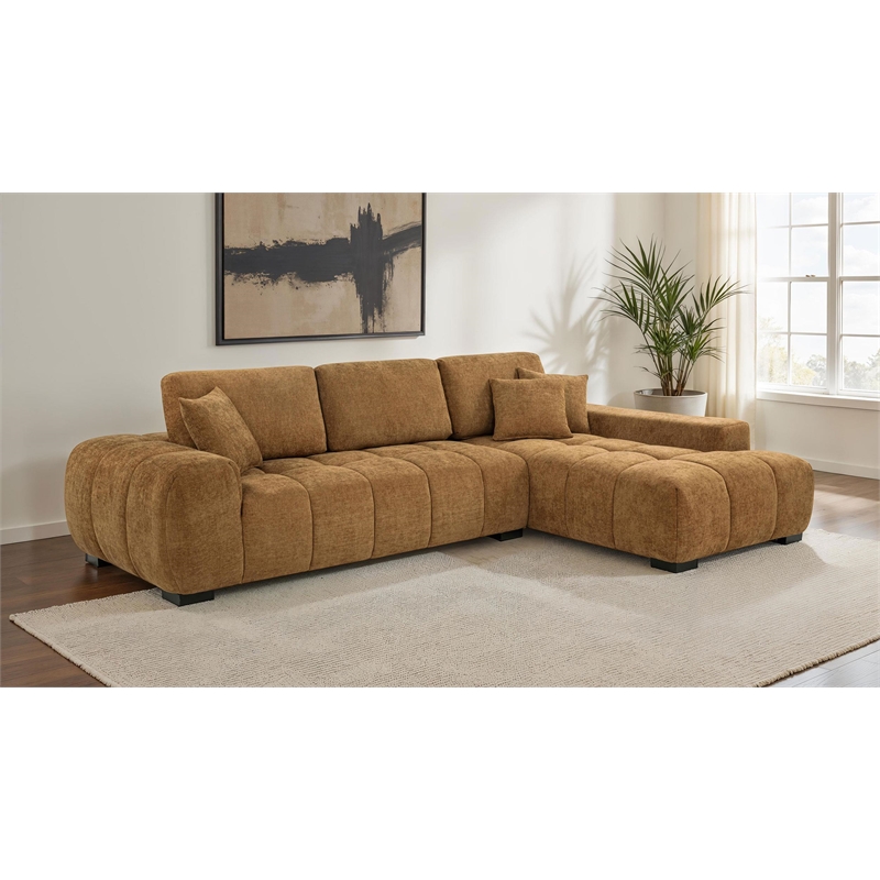 Pemberly Row Upholstered Fabric Sectional Chaise Sofa in Amber Brown