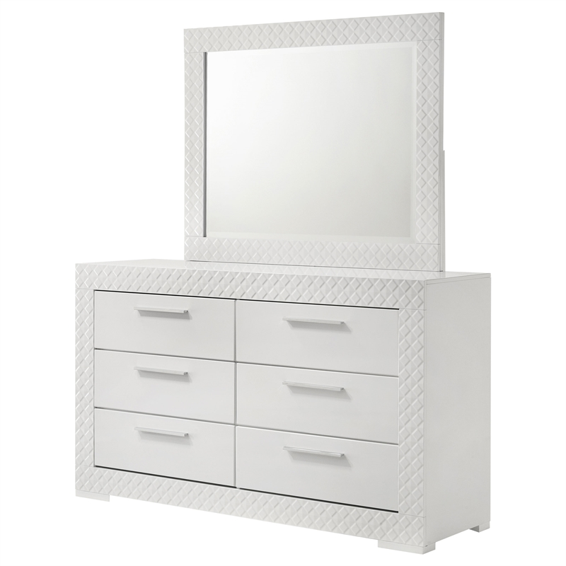 Pemberly Row 6-drawer Dresser and Mirror Set in White High Gloss