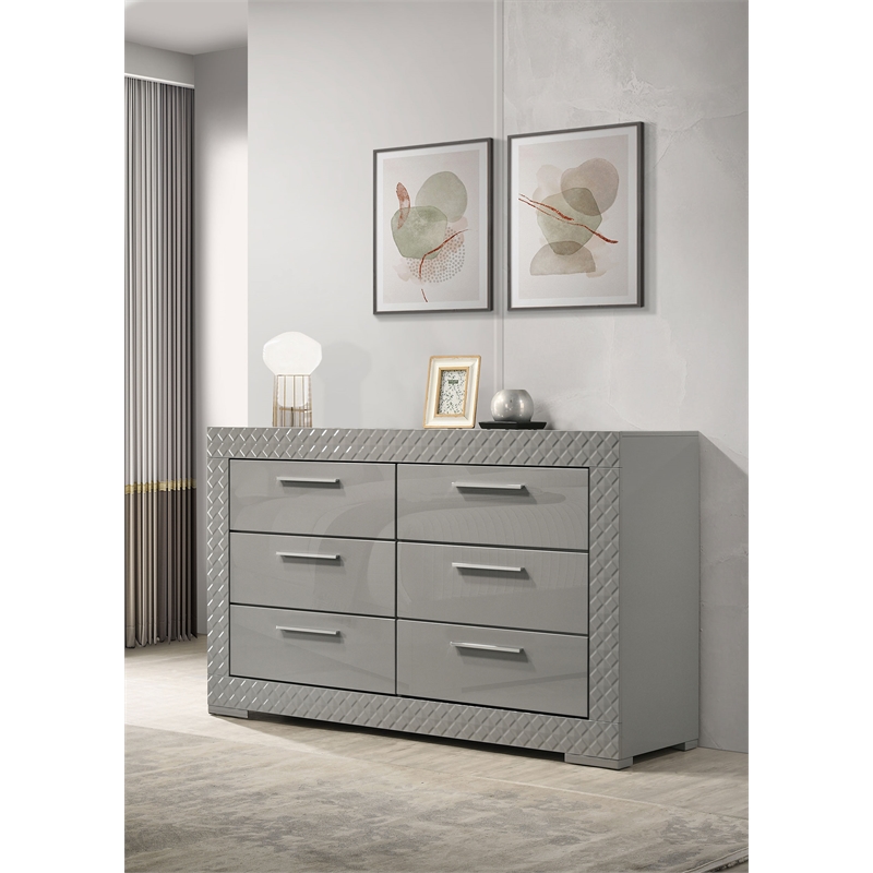 Pemberly Row Solid Hardwood 6-drawer Dresser Cabinet in Grey High Gloss