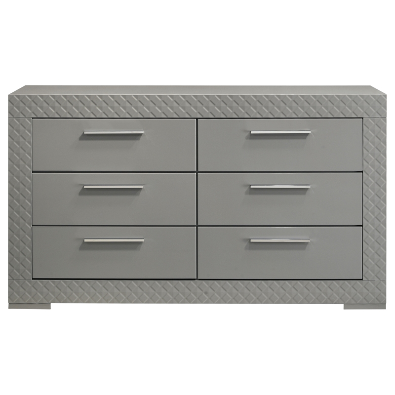 Pemberly Row Solid Hardwood 6-drawer Dresser Cabinet in Grey High Gloss