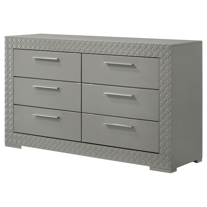 Pemberly Row Solid Hardwood 6-drawer Dresser Cabinet in Grey High Gloss