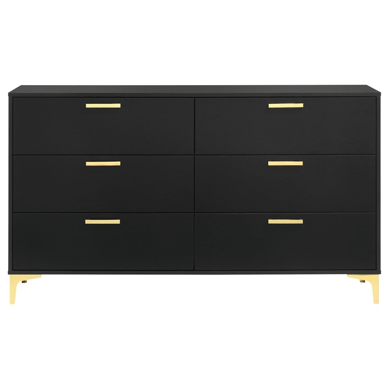 Pemberly Row 6-drawer Dresser with Gold Bracket Legs in Black